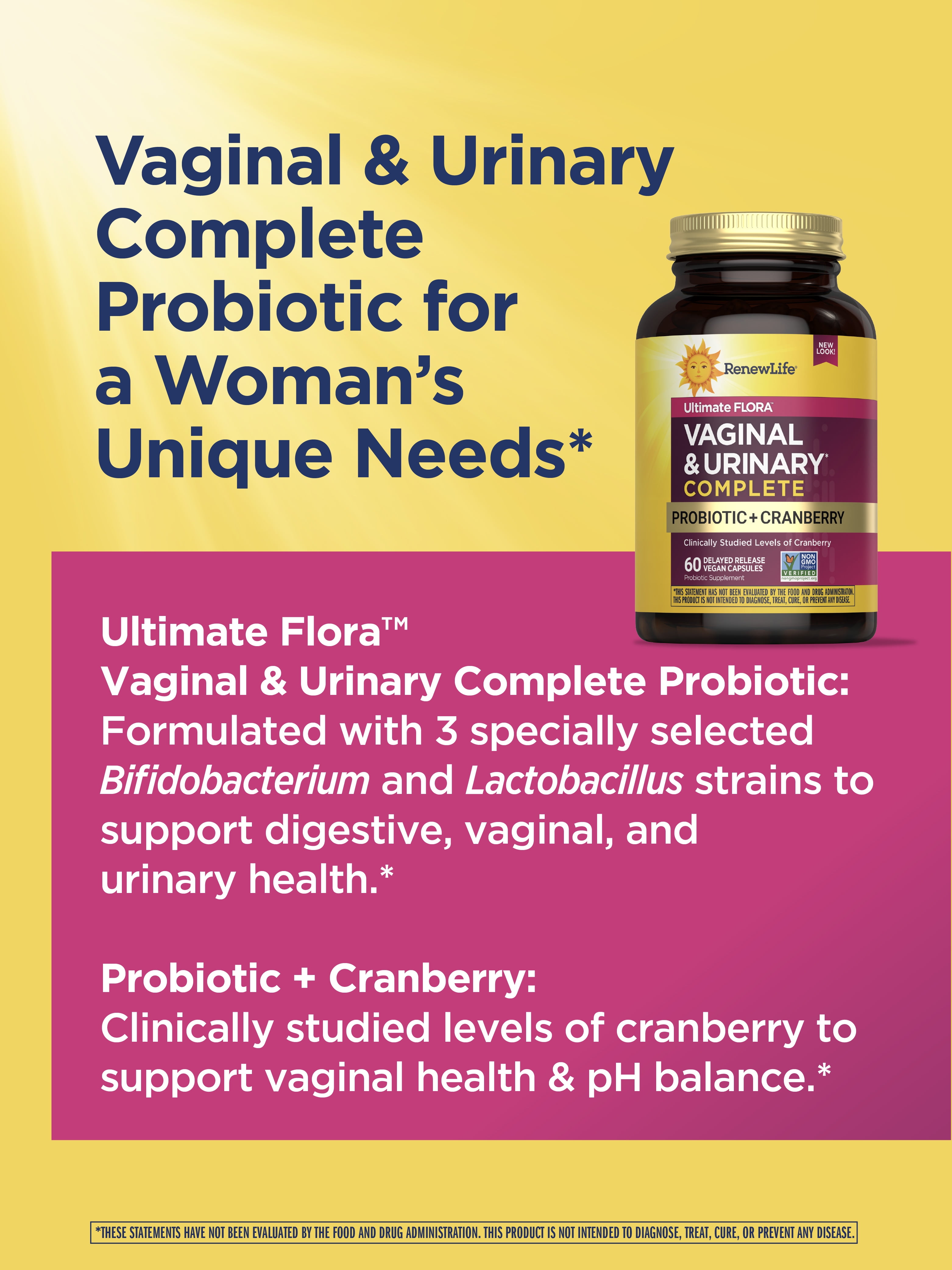 Ultimate Flora Vaginal and Urinary Supplement | 60 Capsules | with Probiotic and Cranberry | by Renew Life