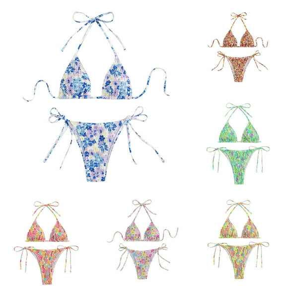 UTSJKR Women's Two Piece Bikini Sets Plaid Trendy Bathing Suit High Waisted Halter Triangle Swimsuit Bikini Set Blue L