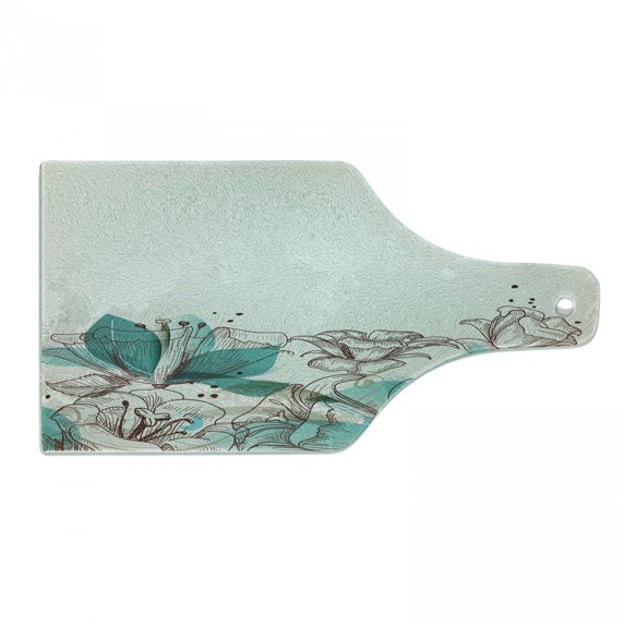 Turquoise Cutting Board, Retro Floral Background Hibiscus Silhouettes Dramatic Romantic Nature Art, Decorative Tempered Glass Cutting and Serving Board, Wine Bottle Shape, Beige Teal, by Ambesonne