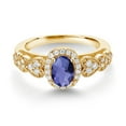 thumbnail image 2 of Gem Stone King 18K Yellow Gold Plated Silver Blue Iolite and White Moissanite Engagement Ring for Women | 0.83 Cttw | Oval Checkerboard 7X5MM | Gemstone Birthstone | Size 7, 2 of 3