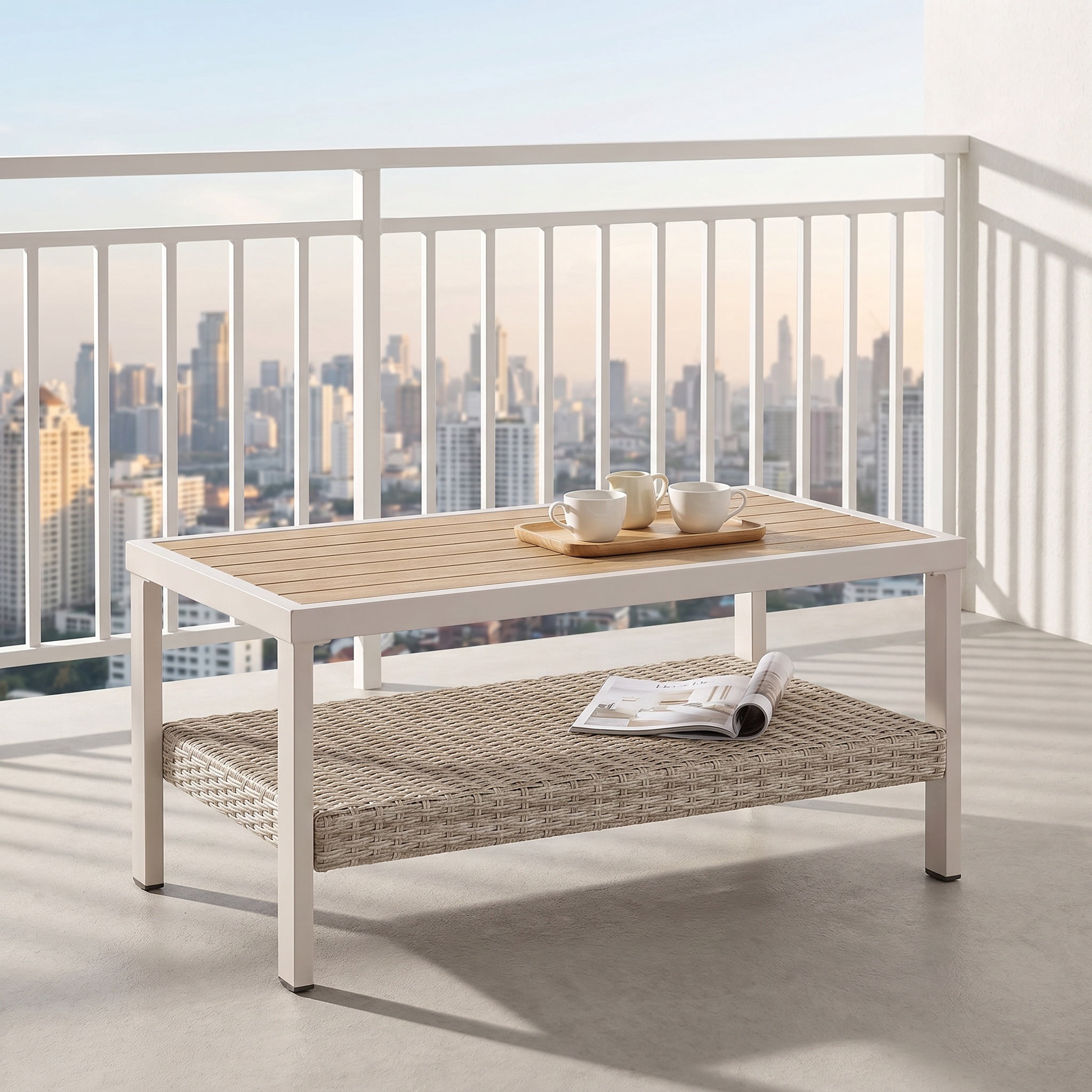 Nordic Hygge Modern Minimalist Patio Table with Integrated Storage Shelf – Weather-Resistant Powder-Coated Finish – Bone