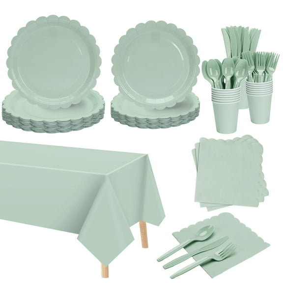 176 Pcs Sage Green Paper Plates AFN1and Napkins, Sage Green Party Supplies Include Easter Plates Napkins Cup Plastic Tablecloth Spoon Fork Knives for Birthday Wedding Baby Shower