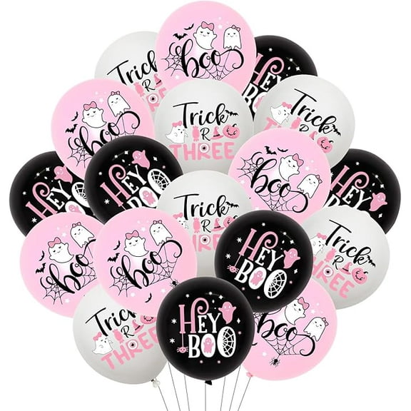 Halloween 3rd Birthday Party Decoration Girl, 45pcs Trick or Three Party Decoration Halloween Theme Print Latex Balloon Black Pink White for Boo I’m Three 3rd Birthday Supplies