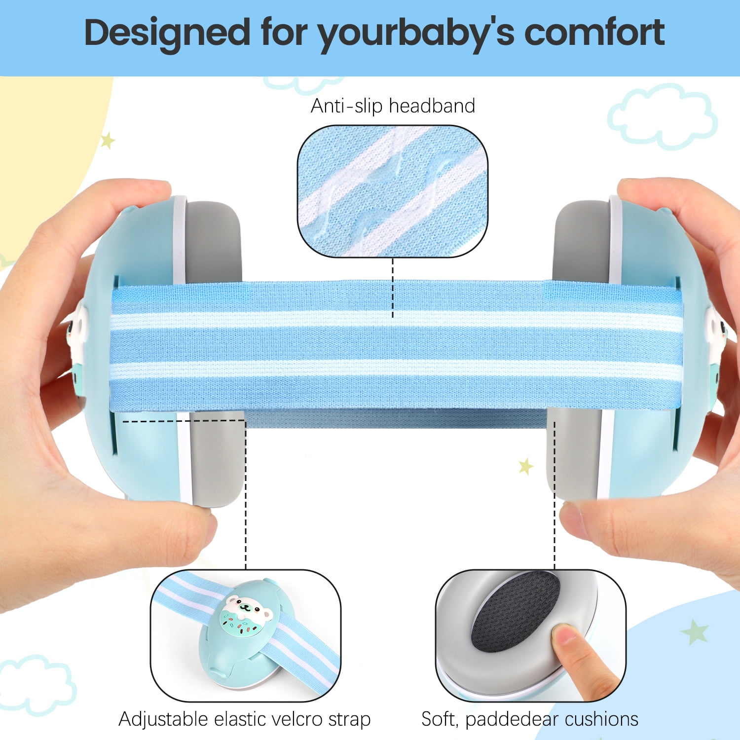 UQN 2-in-1 Baby Ear Muffs Noise Protection,Noise Canceling Headphones for Baby & Toddler 0-12-36 Months, Infant Ear Protection in Plane, Adjustable Headband,Improves Sleep - Blue