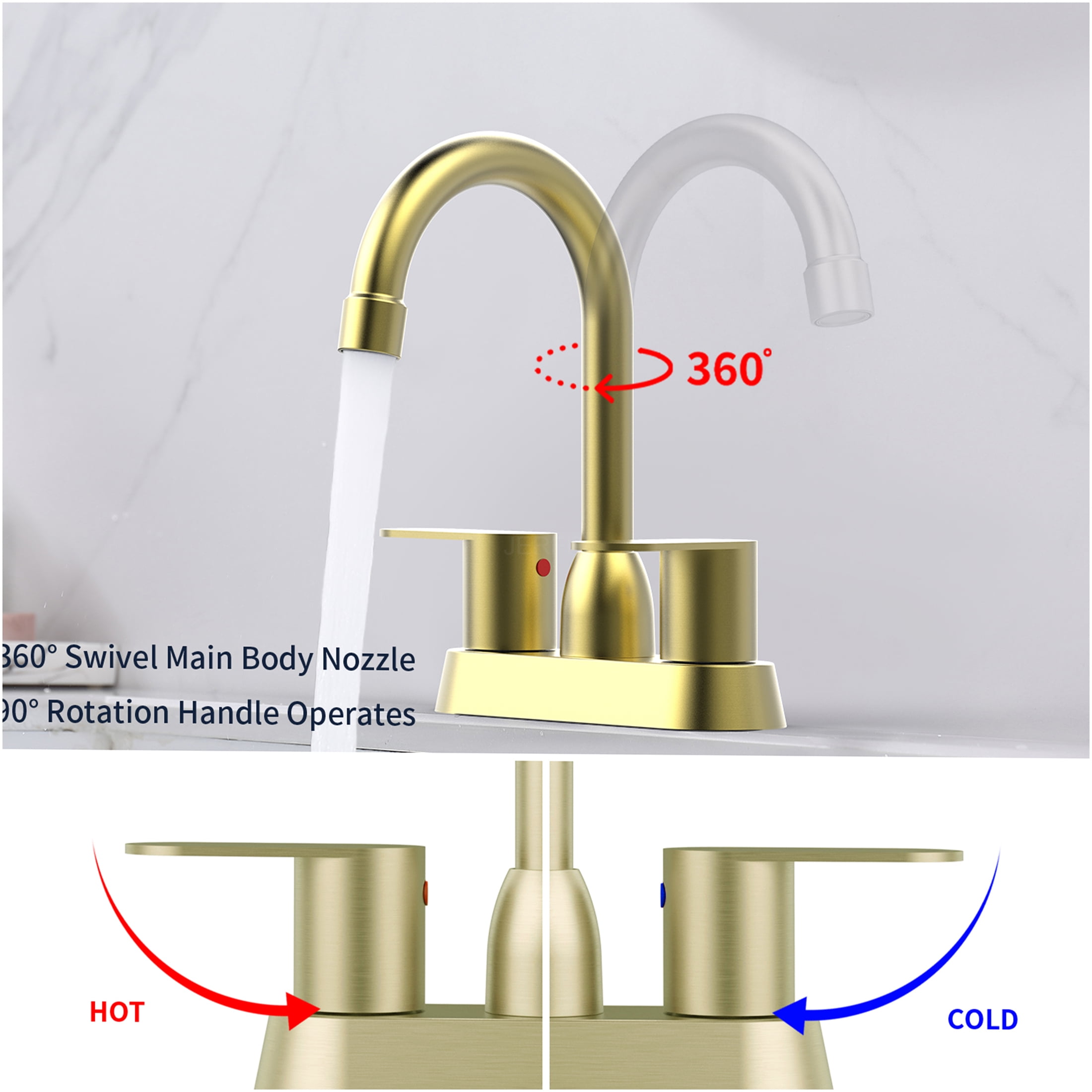 JERFIT Modern 2-Handle Centerset Bathroom Sink Faucet in Brushed Gold, 8.26" High for 3-Hole Deck Mount Installation