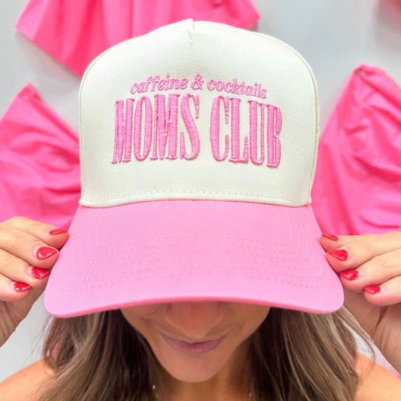 Moms’ Club Hat with “Caffeine & Cocktails” Embroidery, Trendy Trucker Cap for Women, Adjustable Snapback for Casual Outings, Coffee Dates, and Fun Mom Gatherings
