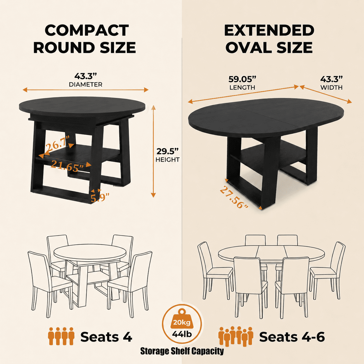 Extendable Round Dining Table 43.3-59 Inch, Round to Oval Kitchen Table with Flip Up Extension Leaf and Storage Shelf, Black