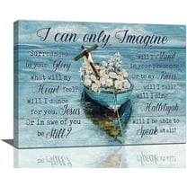 Farmhouse Boat Christian Cross Hymn Decor Wall Art Rustic Country Flower I Can Only Imagine Lake Beach Sea Blue Pictures Wall Decor Canvas Painting Prints Artwork Framed for Bathroom Kitchen 16"x12"