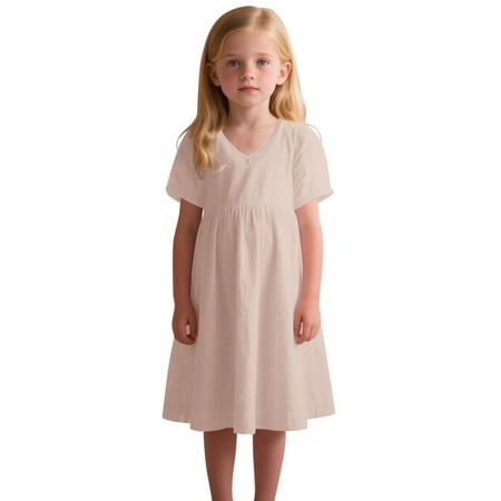 ZACPNCV Girls Cotton Short Sleeve Dresses Casual Sundress Khaki 4-5 Years