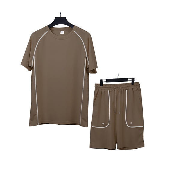 ZQUUVOU Men's Workout 2 Piece Set Short Sleeve Fitted Tops and Shorts Athletic Gym Training Running Outfit Khaki