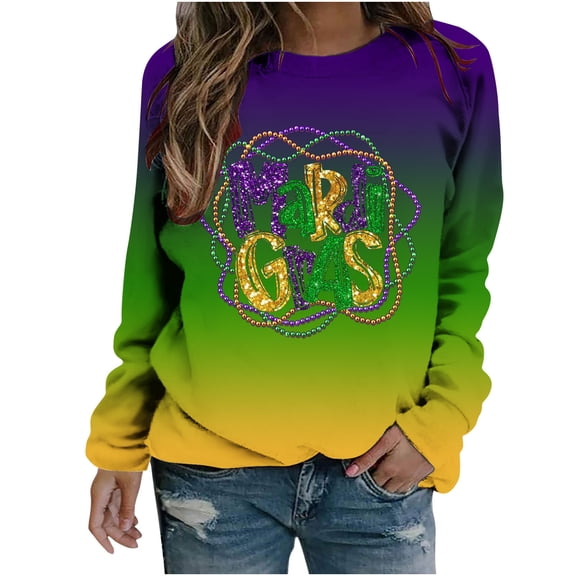 Tbopshirt Womens Tops,Mardi Gras Clothing,Carnival Fashion Printed Long Sleeved Round Neck Top,Tops for Women's