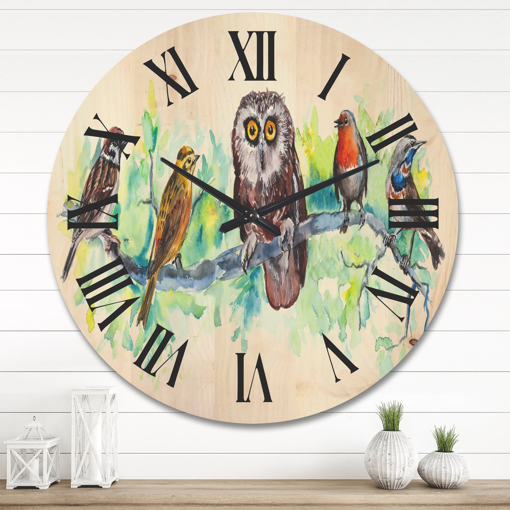 Designart 'Bird Friends With Owl On A Branch' Traditional Wood Wall Clock