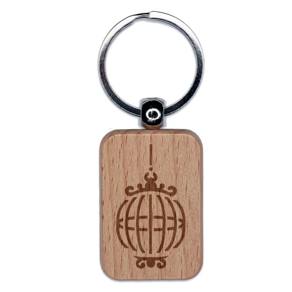 Fancy Ornate Bird Cage Rectangle Keychain Charm Tag - Engraved Wood