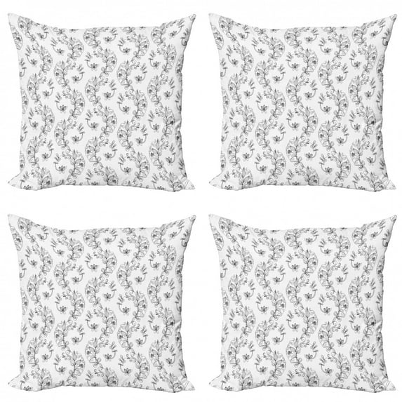 Ambesonne Black and White Throw Pillow Cover 4 Pack, Scroll Lilies, 24", Black Grey White