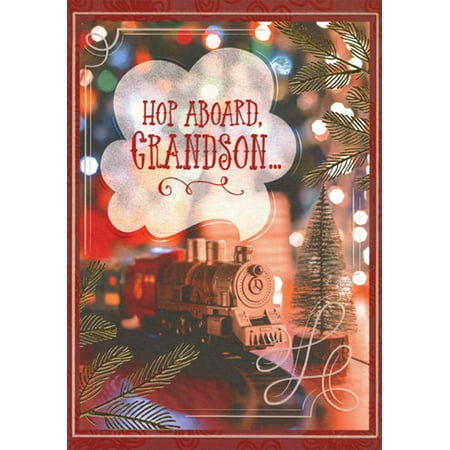 Designer Greetings Toy Train Photo : Gold Foil Evergreen Branches Juvenile Grandson Christmas Card for Young Child