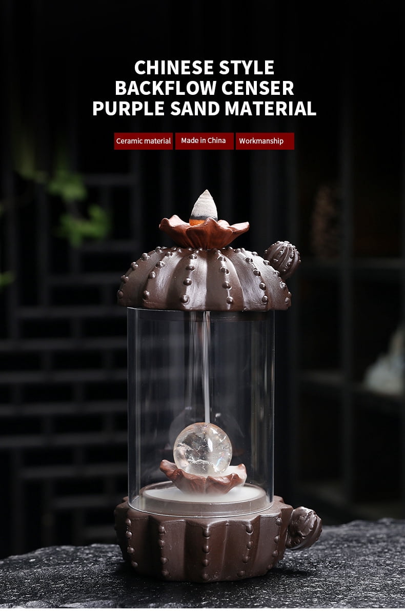 Purple Sand Windshield Backflow Incense Holder Creative Cactus LED Lamp Home Tea Room Aromatherapy Incense Burner Office Yoga Room Decoration