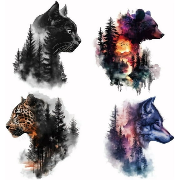 4Pcs Animal Forest Heat Transfer Stickers Bear Cat Iron on Transfers Cheetah Wolf Iron on Patches Stickers Washable Heat Transfer Paper