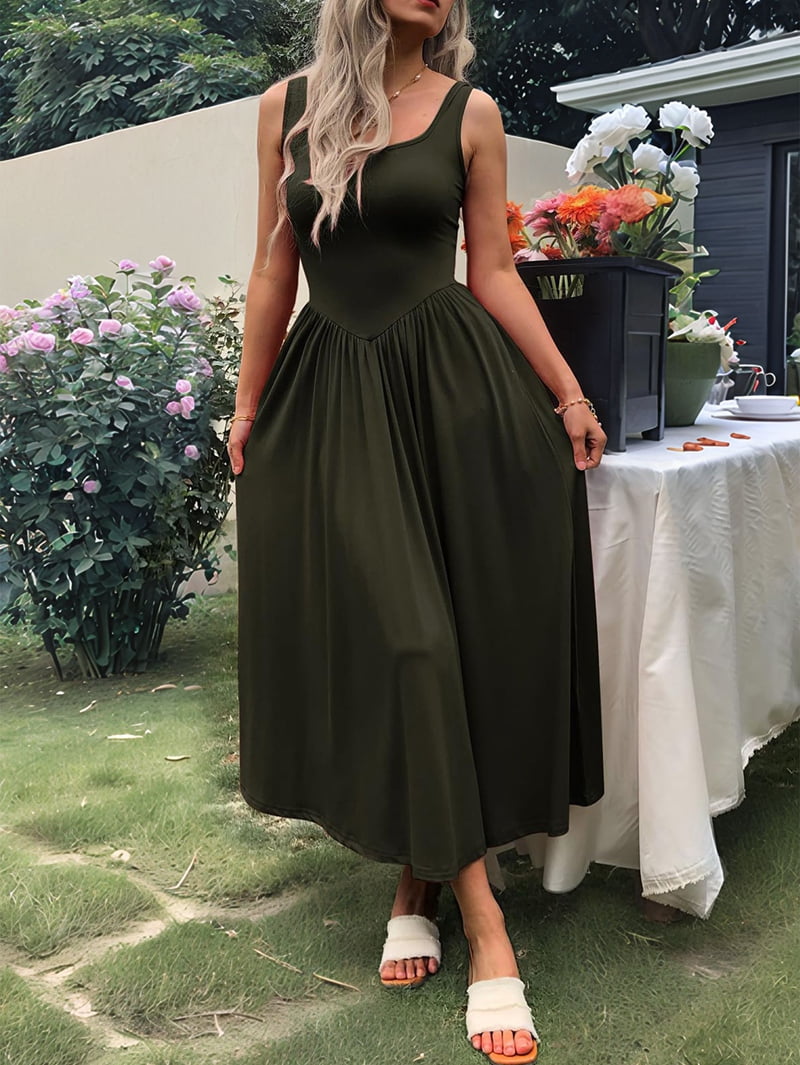 Women'S Summer Maxi Dress Sleeveless Square Neck Casual Beach Sundress with Pockets, Flowy Patchwork Knit Army Green XL