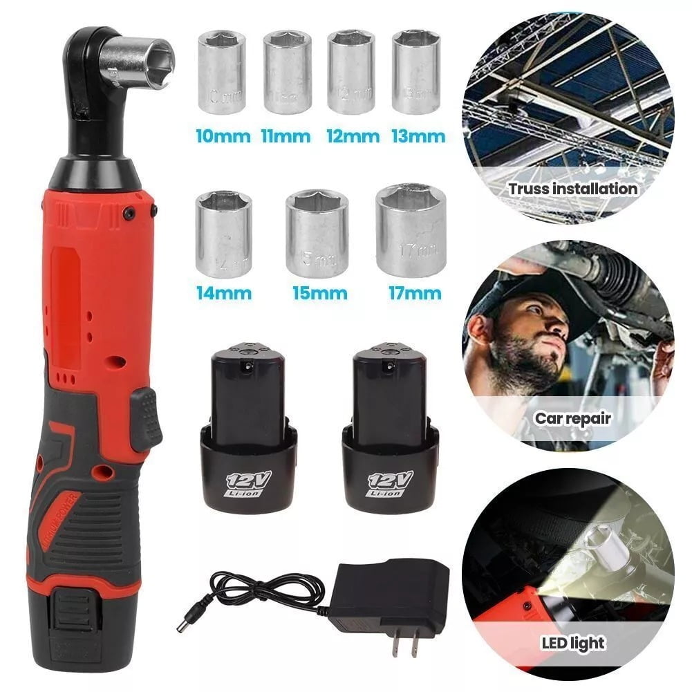 Electric Cordless Ratchet 3/8" Right Angle Wrench Impact Power Tool + 2 Batteries, High Torque, Versatile Uses for Car Repair & Construction, Easy Operation