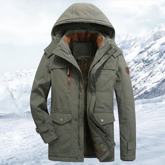 YMNXA Mens Winter Coats With Hood Long Sleeve Solid Color Zip Up Plush Thickened Warm Jacket With Pocket For Outdoor Activities Army Green L