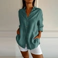 thumbnail image 2 of Holzkary Womens Long Sleeve Button Down Cotton Linen Shirt Blouse Loose Fit Casual V-Neck Tops Pleated Lapel Shirt Station Explosion Solid Color Top Mint Green Xl, 2 of 9