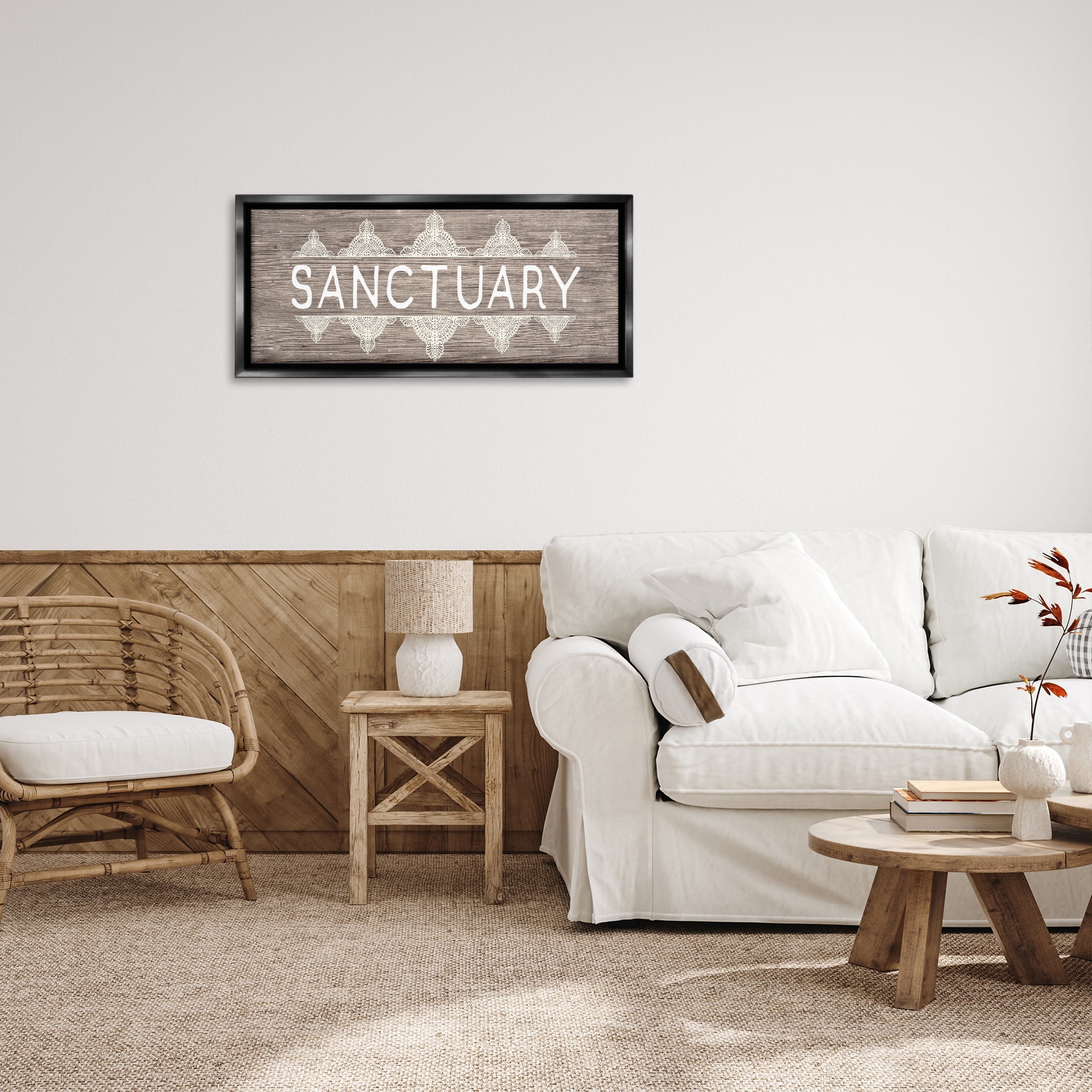 Stupell Industries Sanctuary with Paisley Pattern Typography Painting Black Floater Framed Canvas Art Print Wall Art, 31 x 14