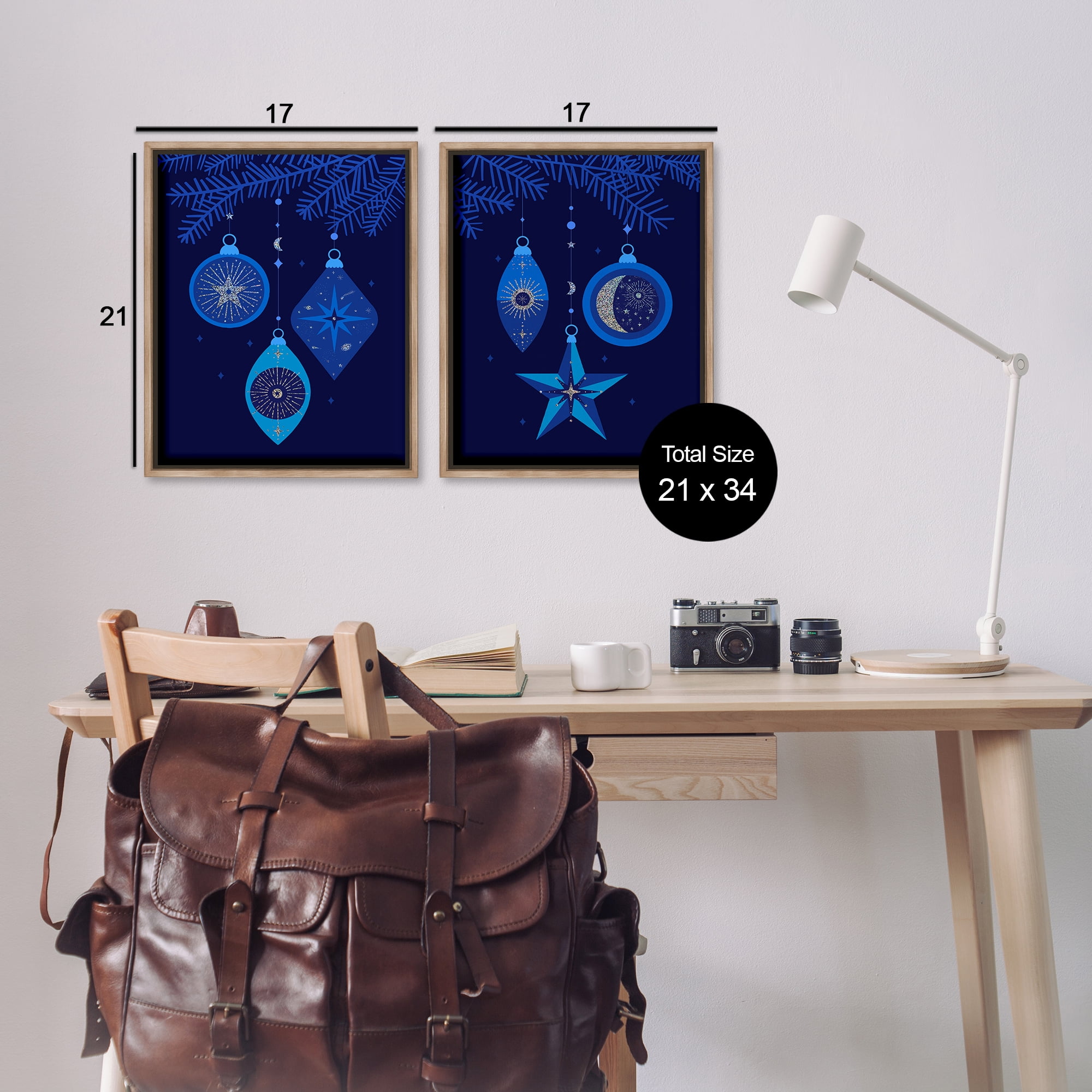 Stupell Industries Vintage Blue Holiday Ornaments Holiday Painting Brown Floater Framed Canvas Art Print Wall Art, 17 x 21, Set of 2