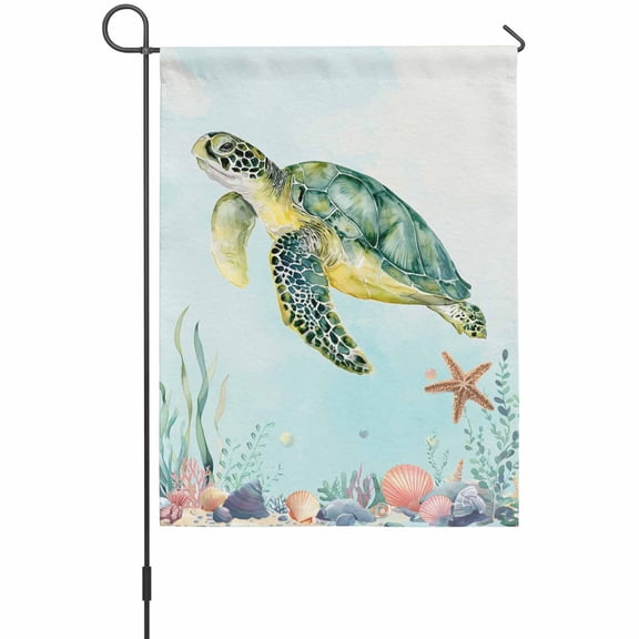 Sea Turtle Garden Flags For Outdoor, Teal Green Starfish Shell Marine Life Small Double Side Yard Flags Weather Proof Garden Decor for Lawn Outside Holiday 12 x 18 Inches
