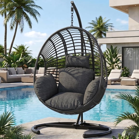 CHINNLUU Oversized Hanging Egg Chair with Stand, Outdoor Indoor Wicker Swing Chair with UV-Resistant Cushions and Rain Cover, 400lbs Capacity Patio Hammock Chair for Backyard, Balcony, Black