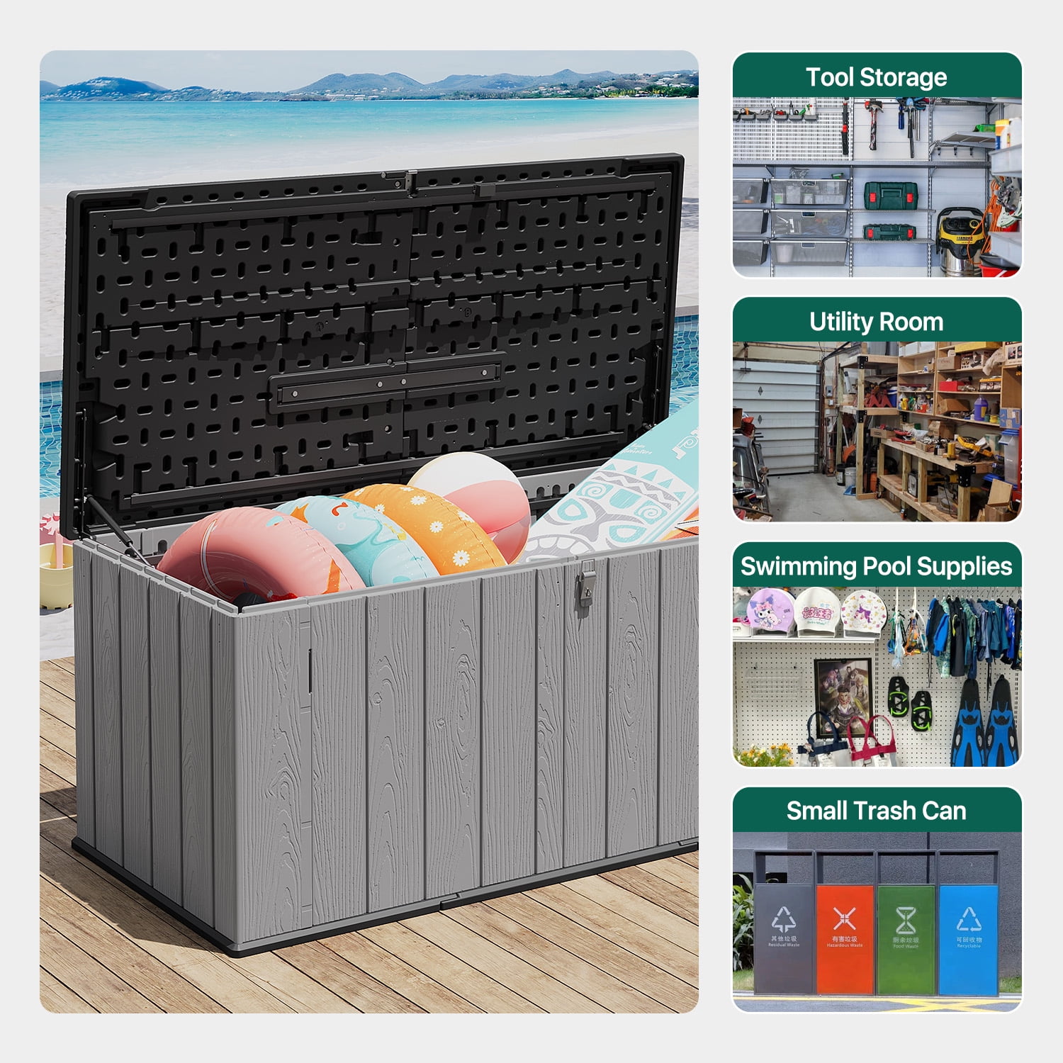 Dateyes 21 Cu.Ft Outdoor Storage Shed, Waterproof Resin Cabinet with Floor for Patio, Garden & Pool, Gray