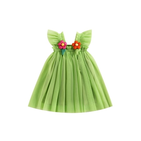 

Gwiyeopda Little Toddler Baby Girls Tutu Dress Flower Decor Fly Sleeve Princess Layered Tulle Dress