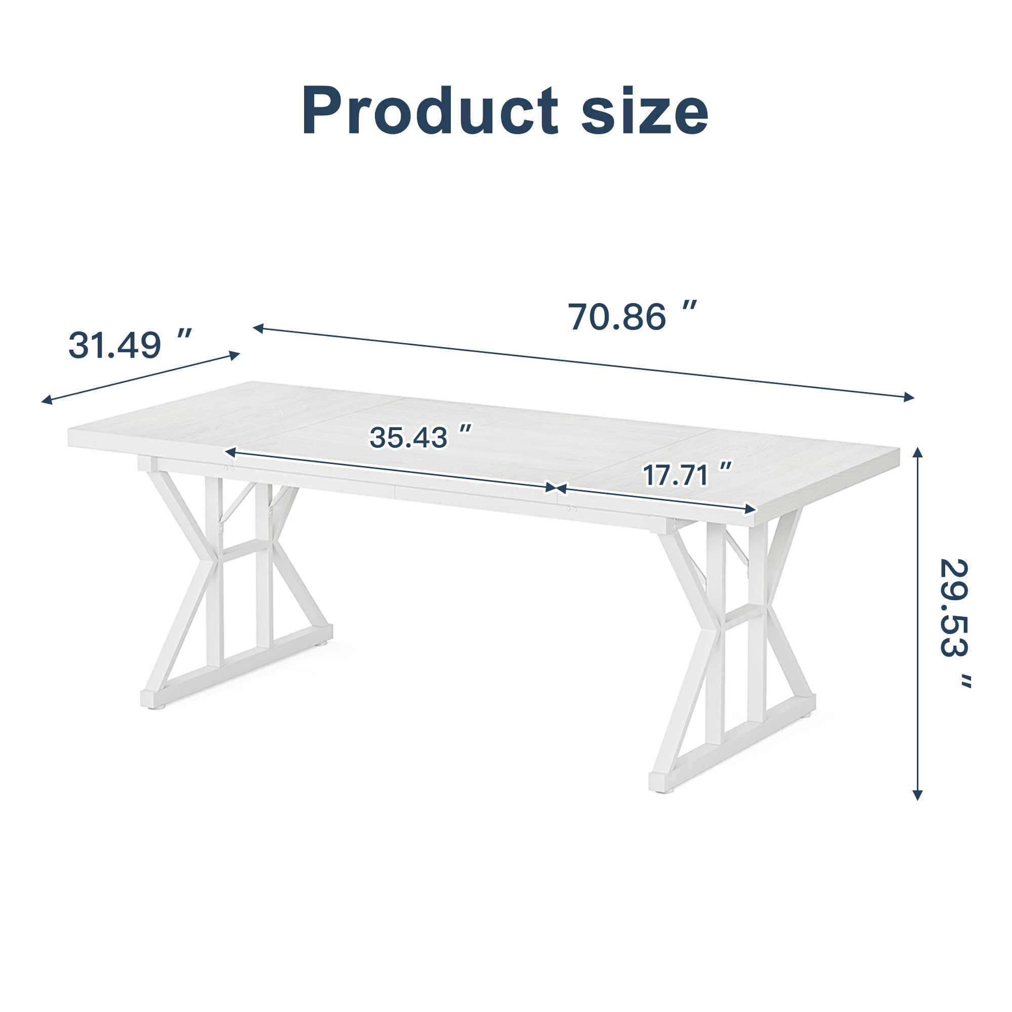 Demi Bonn 71" Farmhouse Dining Table, Wood Rustic Kitchen Table for 6 People, Large Rectangular Dinner Table for Dining Room, Home Office, Living Room Furniture, White