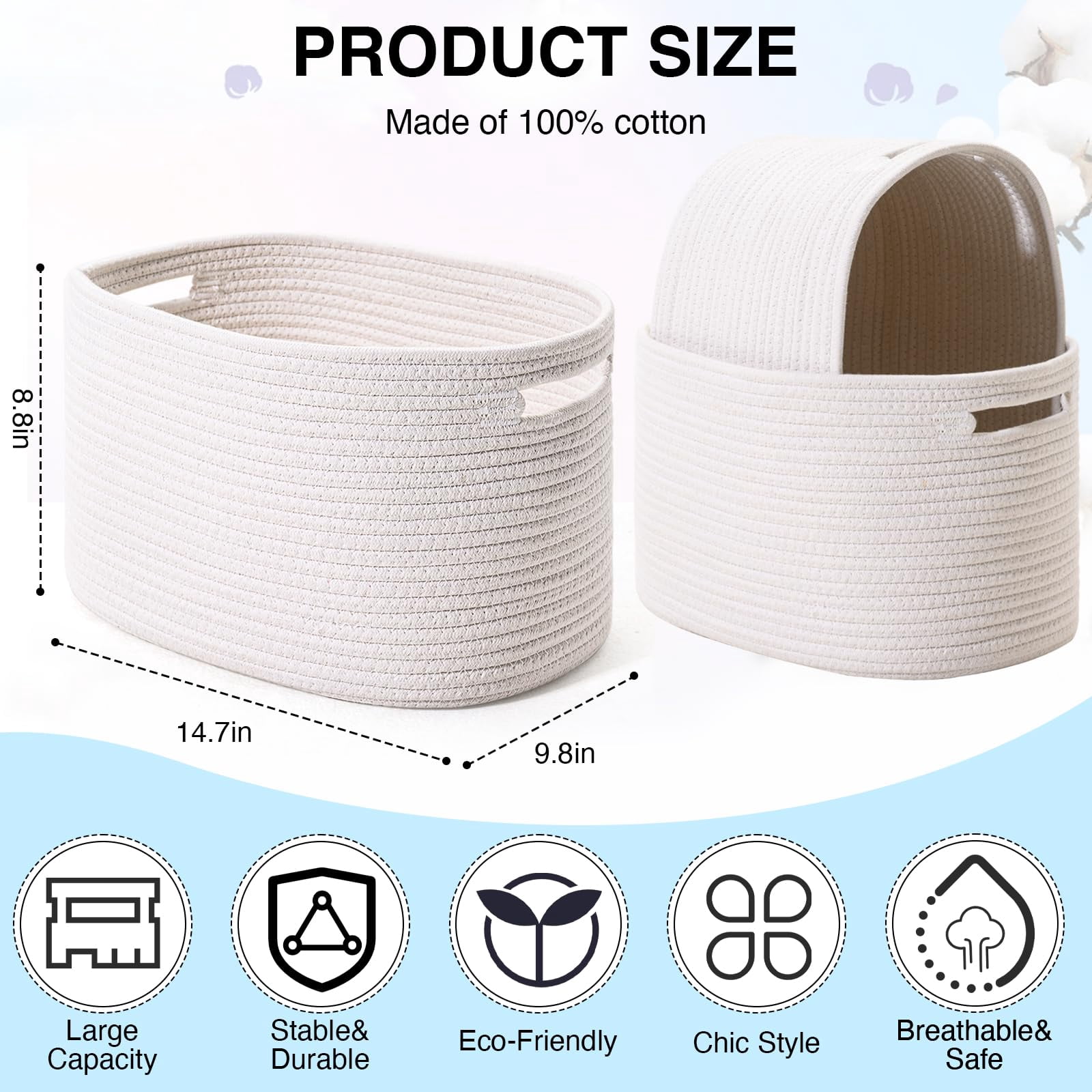Woven Storage Basket,Large Cotton Rope Baskets for Organizing,decorative Baskets for Shelves,book Basket,Toy Basket or Storage Bins for Living Room (White,2PCS)