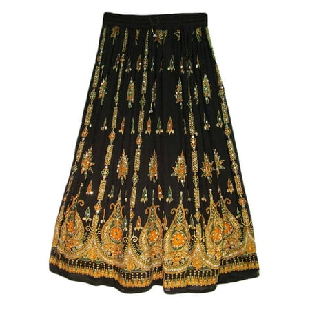 - Womens Indian Sequin Crinkle Broomstick Gypsy Long Skirt (Black)