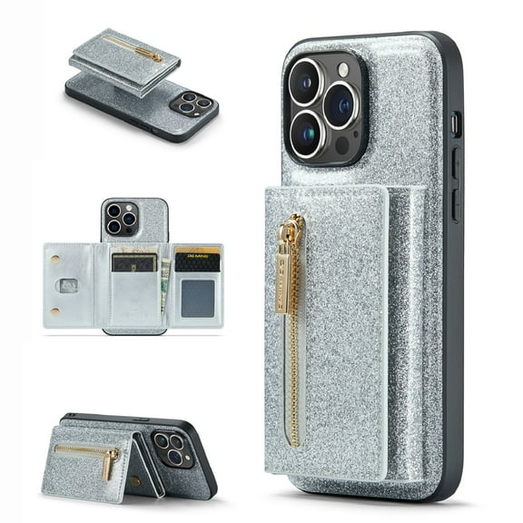 Nalacover Back Wallet Case for iPhone 11 Pro Max, 2 in 1 Function Design Zipper Pocket Luxury Shining PU Leather Cover with Card Slots Holder Magnetic Kickstand Shockproof Anti-Scratches Case,Silver