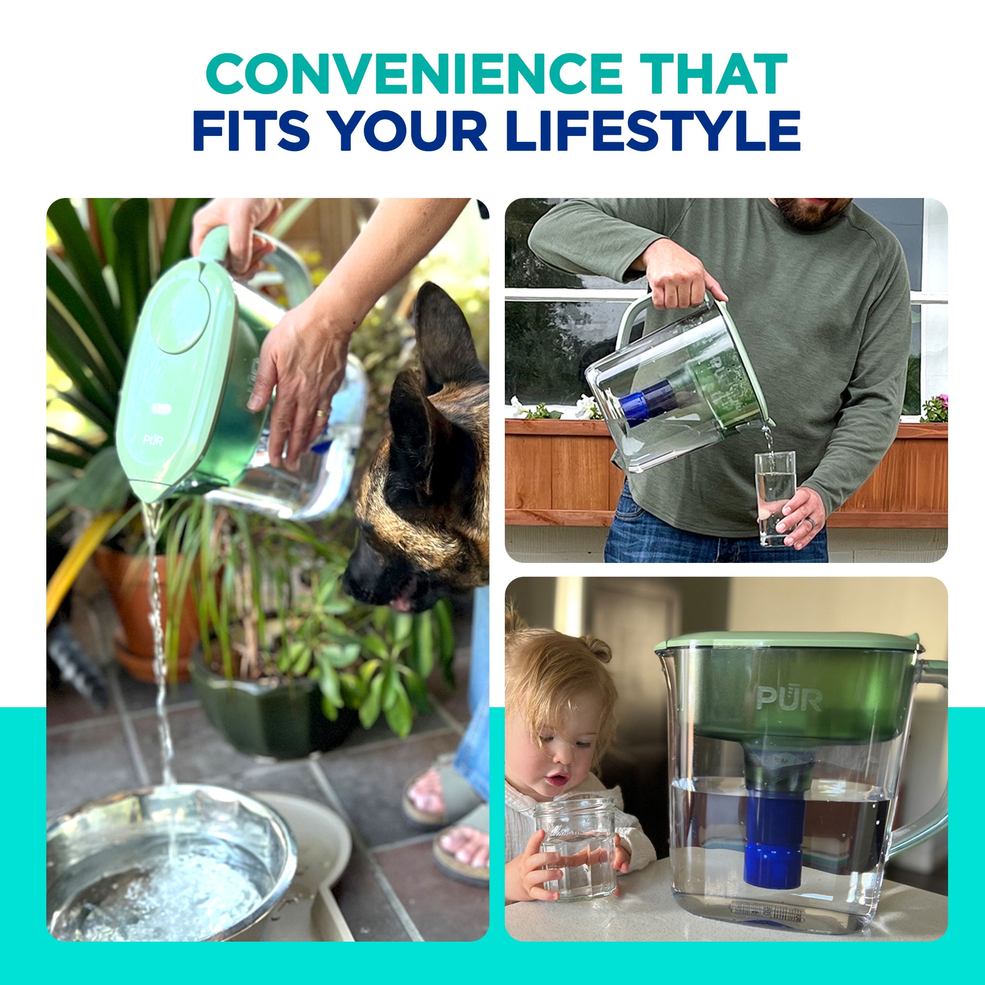 PUR PLUS 11 Cup Water Pitcher with Lead Reducing Filter, W 9.6" x H 10.1" x L 4.5", Sage, PPT111M
