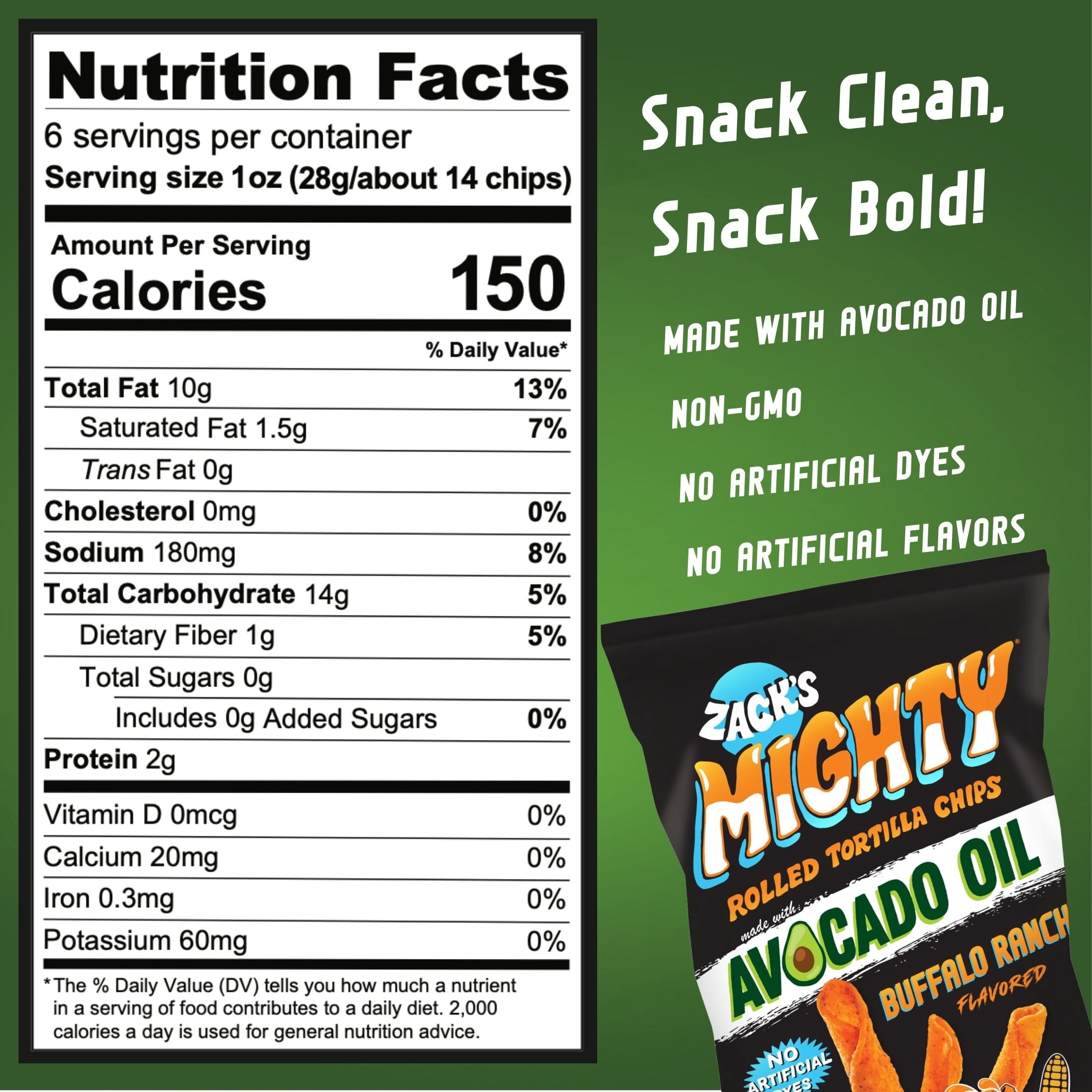 Zack's Mighty Avocado Oil Rolled Tortilla Chips - Buffalo Ranch, 6