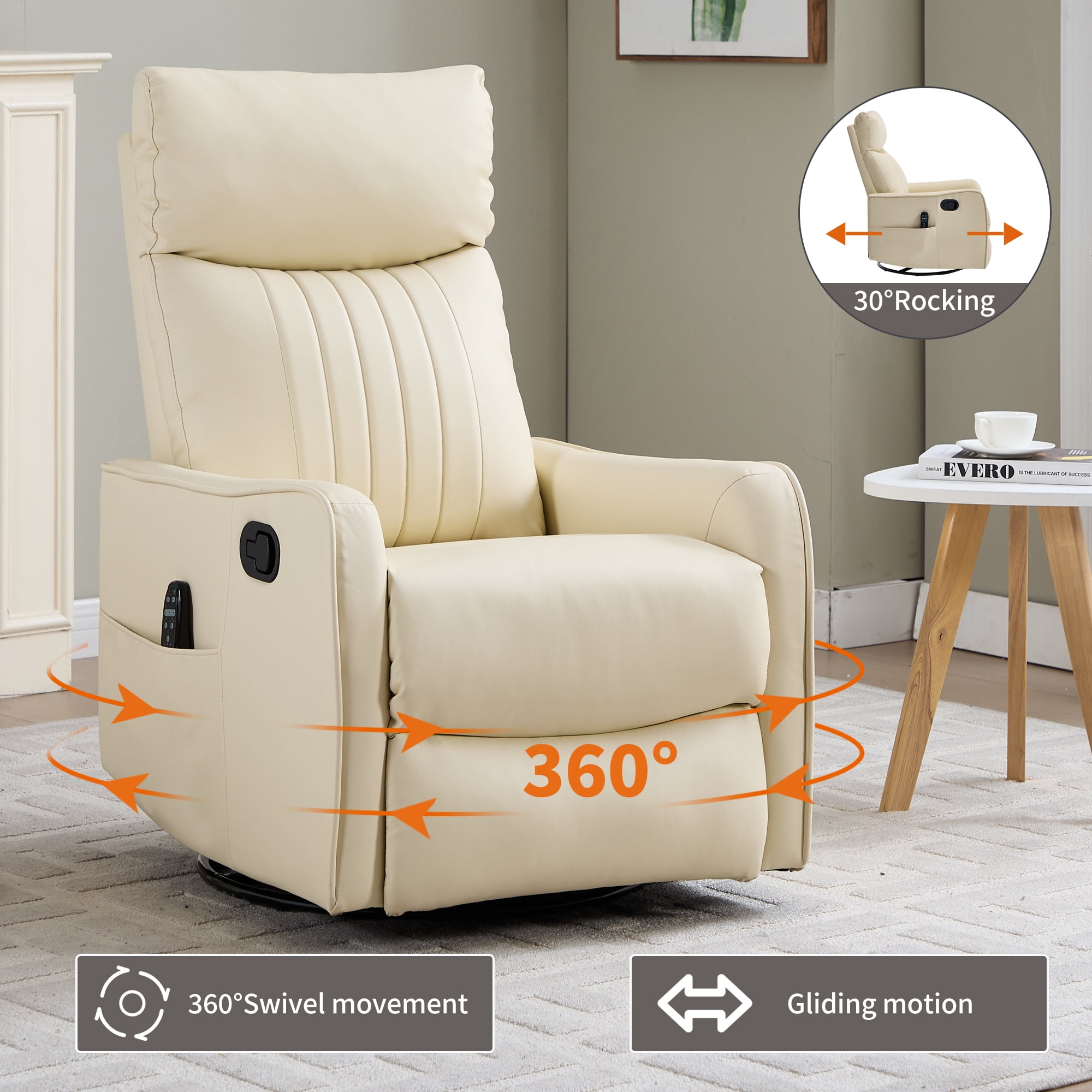 Gewnee 360° Swivel Rocking Recliner with Massage & Heat, Adjustable Reclining Angle, for Living Room & Office，Beige