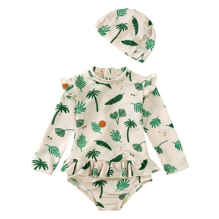 KONDYS Toddler Kids Baby Girl Swimsuit Floral Long Sleeve One Piece Bathing Suit Bikini Tankini Swimwear With Hat 2-3Y