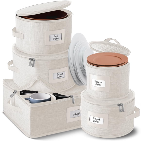 Fine China Storage Containers, 5 Piece Quilted Dish Storage Containers, Mug, Cup, and Plate Dish Organizer with Felt Dividers, Se