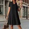 thumbnail image 2 of Laqbezok Women's V-Neck Short Sleeve Dress, Casual Cotton Linen Feel A-Line Sundress, Textured Solid Color Shift Dress with Back Zipper, 2 of 9