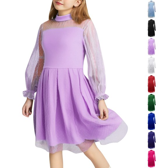 HJYCHN Girls Dress Mesh Panel Long Sleeve Dress with Waist Tie for Toddler Dress 10-12Years