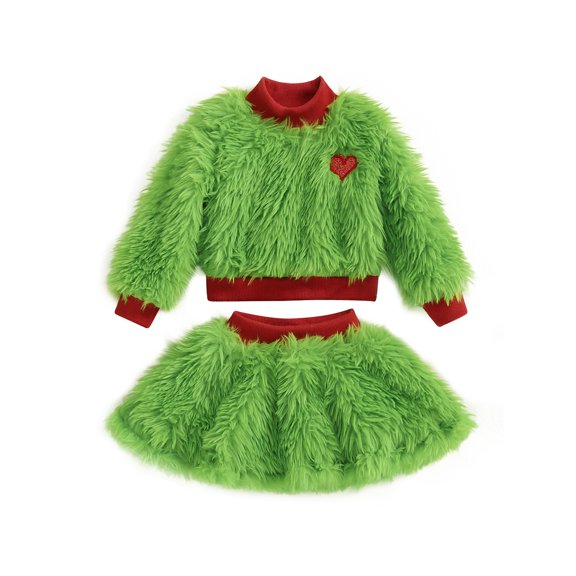 RUINIXCW Toddler Baby Girl Christmas Outfit Infant Baby Girls Warm Fall Winter Ugly Xmas Clothes Green Plush Mock Neck Shinny Heart Sweatshirt Skirt 2 Pcs Set