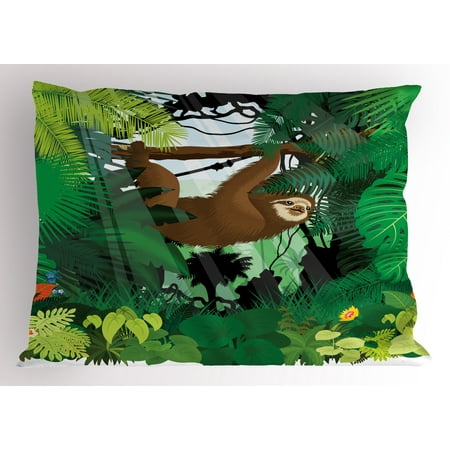 - Sloth Pillow Sham Vibrant Exotic Rainforest with Various Plants and Sloth Hanging on a Tree Wildlife, Decorative Standard Queen Size Printed Pillowcase, 30 X 20 Inches, Green Brown, by Ambesonne