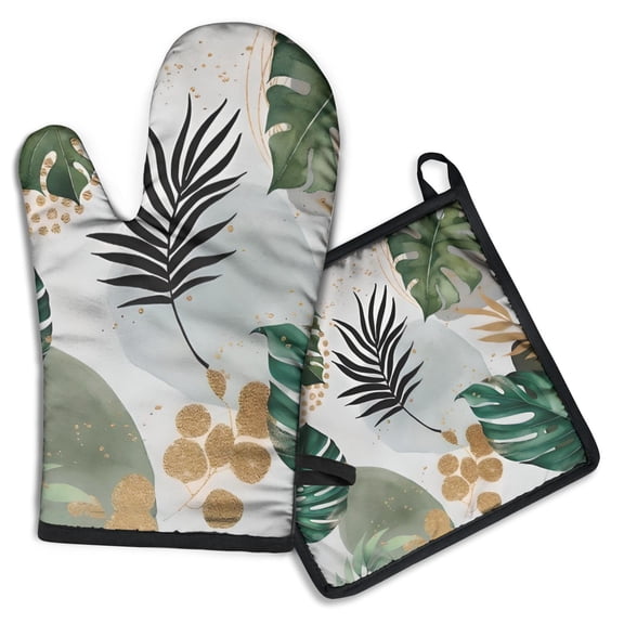 Green Boho Plant Pattern Kitchen Oven Mitt and Pot Holder Sets 2 Pcs for Baking, Cooking and Grilling, Heat Resistant Up To 392 °F