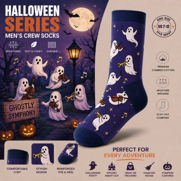 Funny Halloween Crew Socks for Men and Women, Cute Ghosts Playing Music Knit Mid Calf, Cozy Warm Fall Novelty Socks, Boo Basket Stuffers and Halloween Gifts, Fun Casual Sock