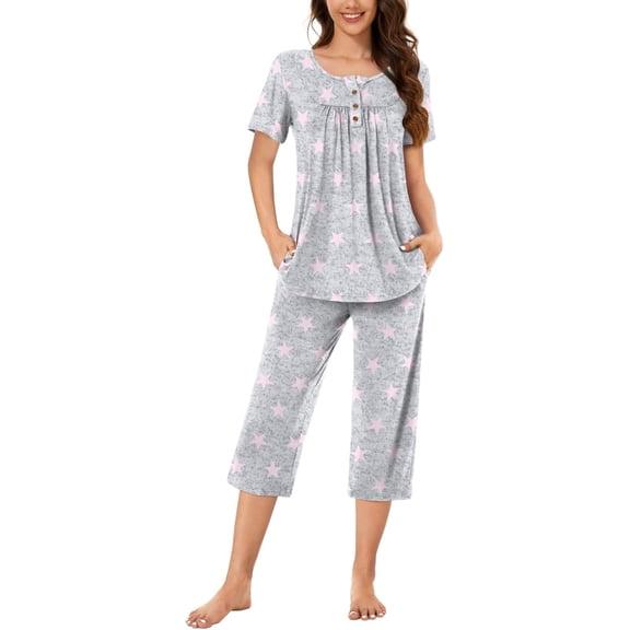 Women's Pajama Sets 2 Piece Summer Sleepwear Ladies Pjs Short Sleeve Capri Pant With Pockets