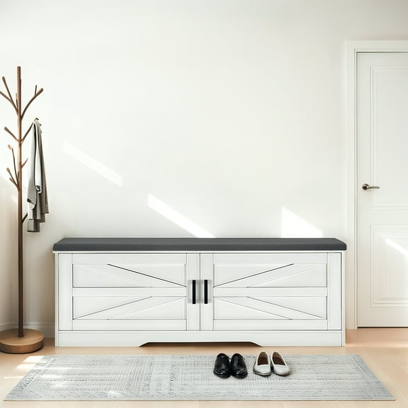 2 Tier Shoe Bench with Padded Seat, 2 Barn Doors and Adjustable Shelves, for Entryway and Living Room, White