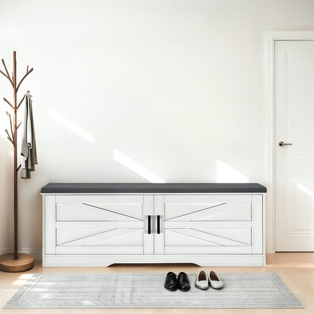 2 Tier Shoe Bench with Padded Seat 2 Barn Doors and Adjustable Shelves for Entryway and Living Room White