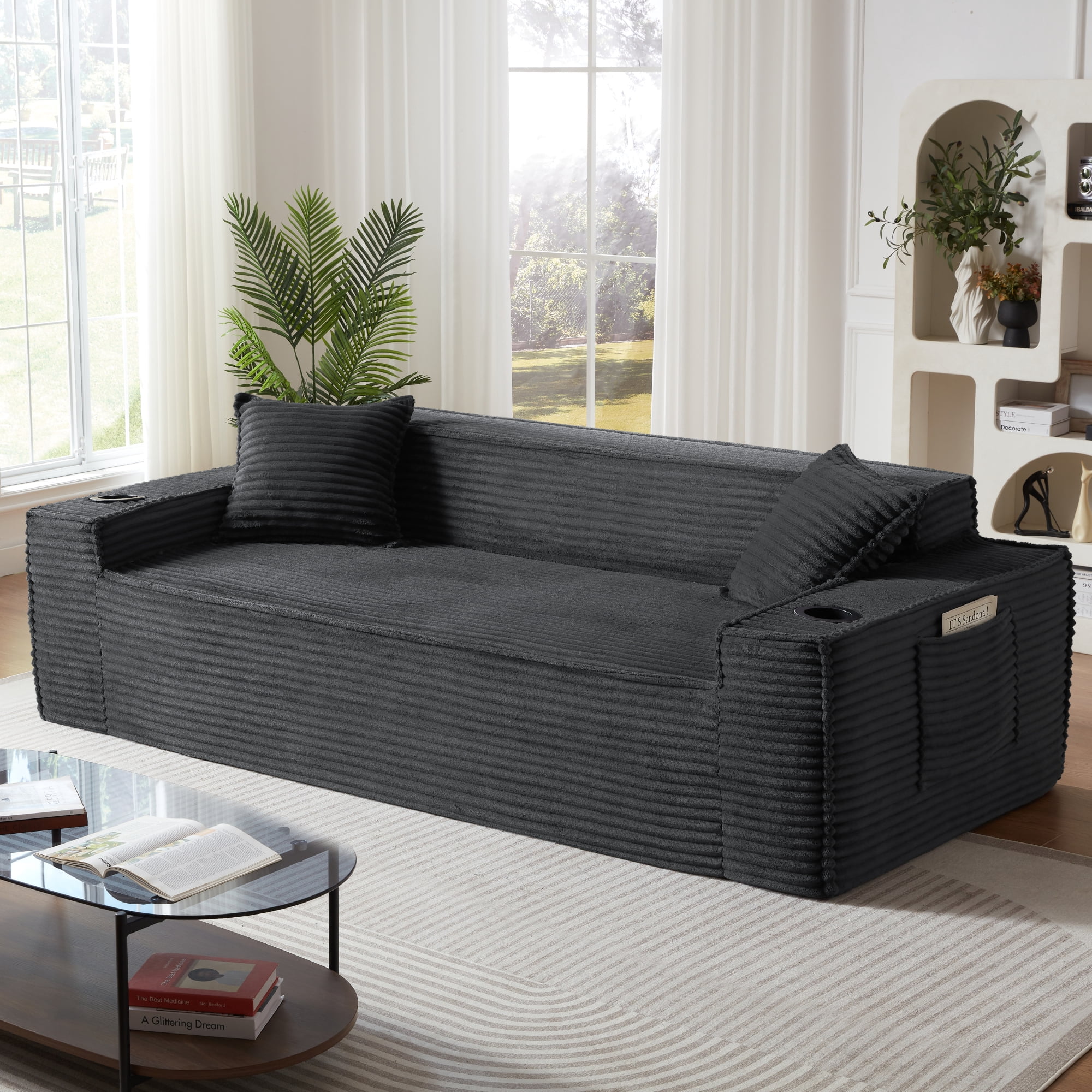 Leumius 3 Seater Cloud Sofa,Boneless Couch with Cupholders,Upholstered Corduroy Fabric Modern Loveseat with Deep Seats for Living Room Bedroom,No Assembly Needed,Dark Gray